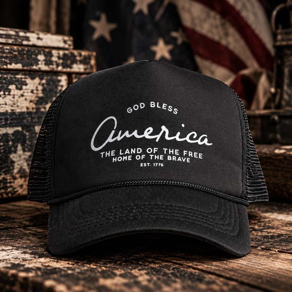 File Edit View God bless America Trucker Hat – THE BLOOMFIELD EDIT